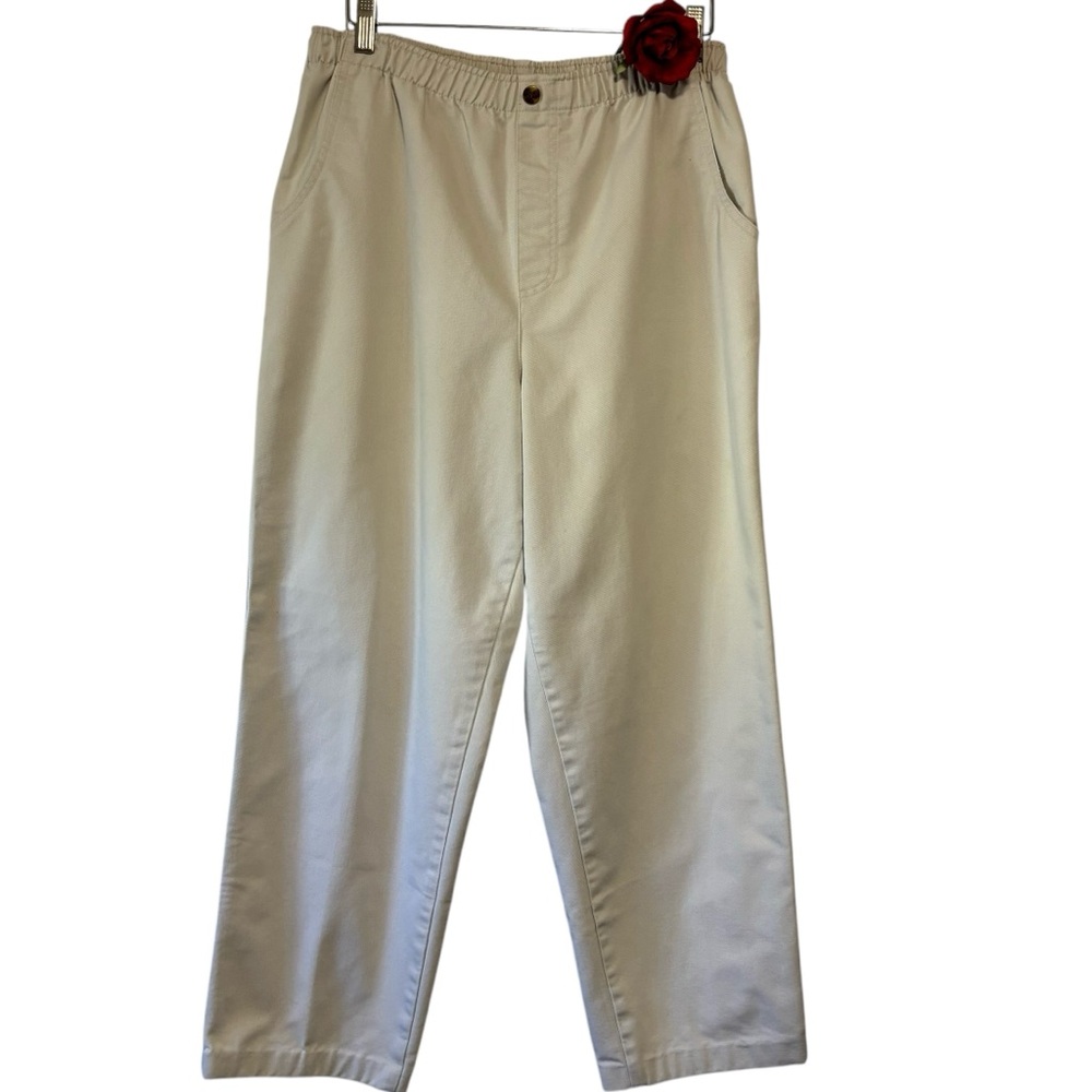 VTG High rise 100% cotton twill pull on elastic waist cream pants Sz 8 HTF EUC